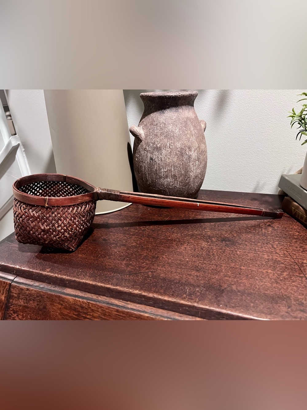 1960 Vintage Bamboo and Wicker Basket Ladle-Handwoven Long Handle Strainer Scoop